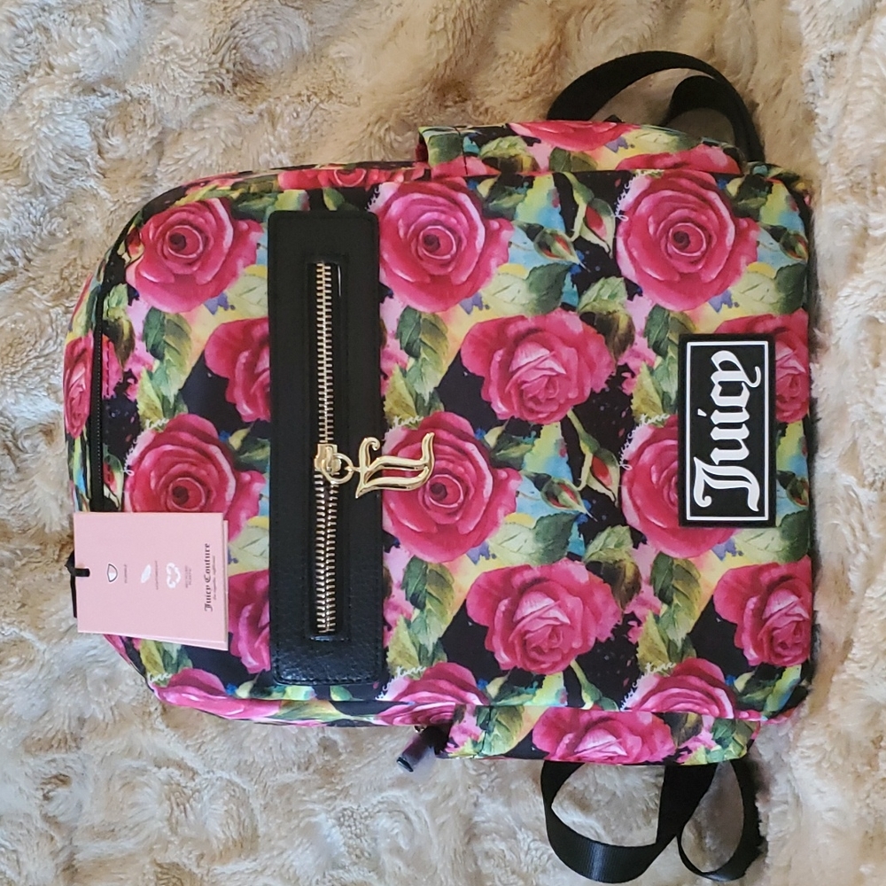 Juicy Couture Black Multi Rose Sport Backpack ~ NWT